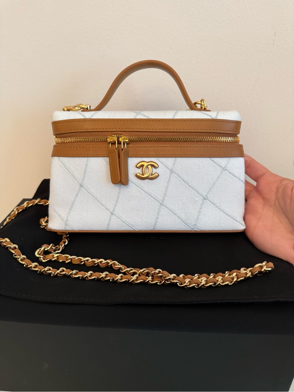 CHANEL Denim Quilted Slim Vanity with Tan leather Trim
